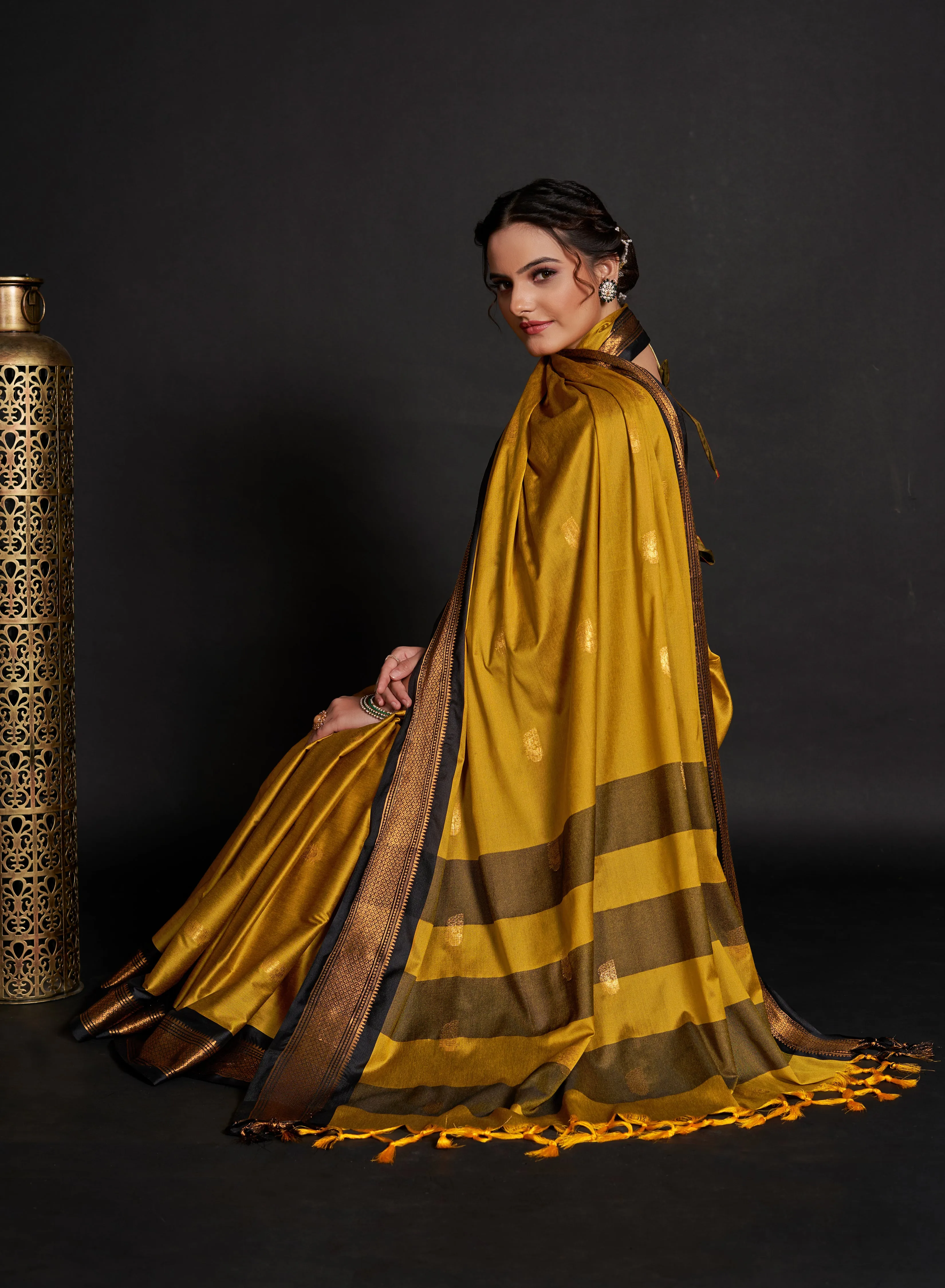 Women Party Wear Plain Banarasi Silk Yellow colour Saree with Zari Border Work
