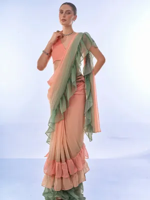 Women Party Wear Printed Ruffles Ready To Wear Georgette Saree With Un Stitched Blouse(Size Up To 42)
