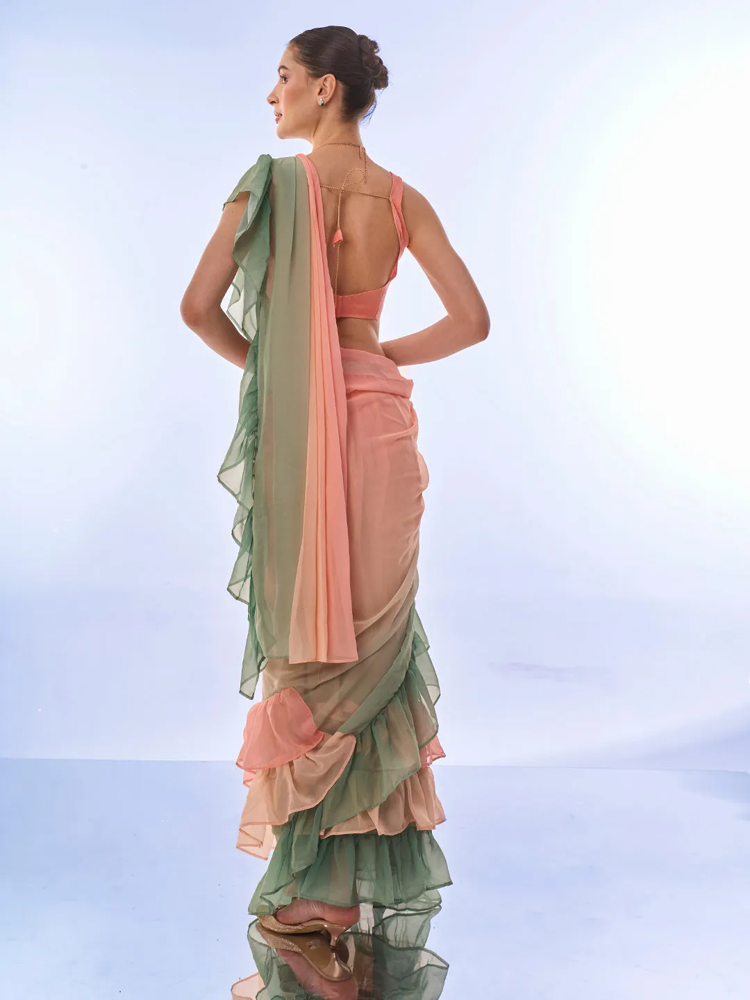 Women Party Wear Printed Ruffles Ready To Wear Georgette Saree With Un Stitched Blouse(Size Up To 42)