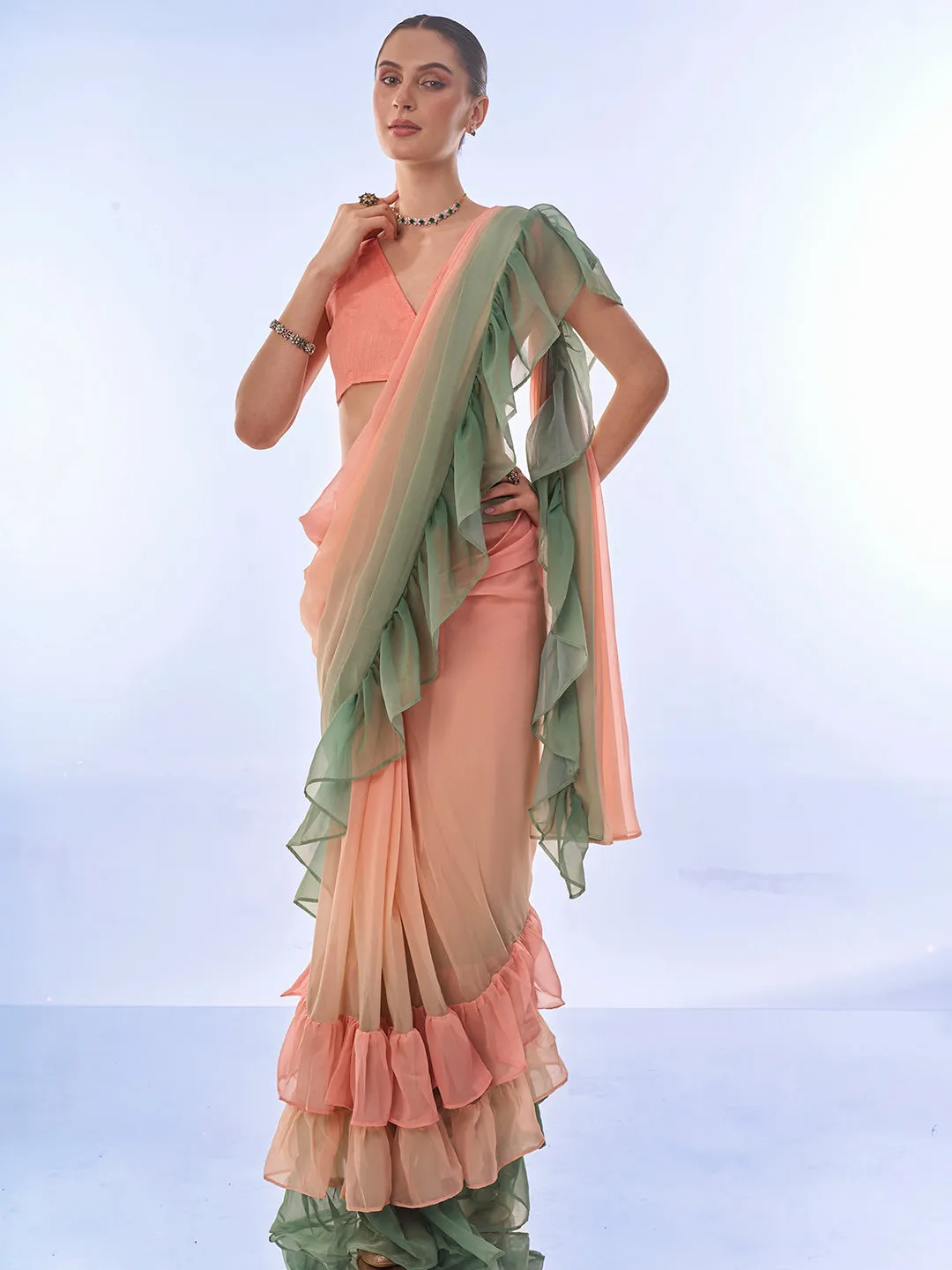 Women Party Wear Printed Ruffles Ready To Wear Georgette Saree With Un Stitched Blouse(Size Up To 42)