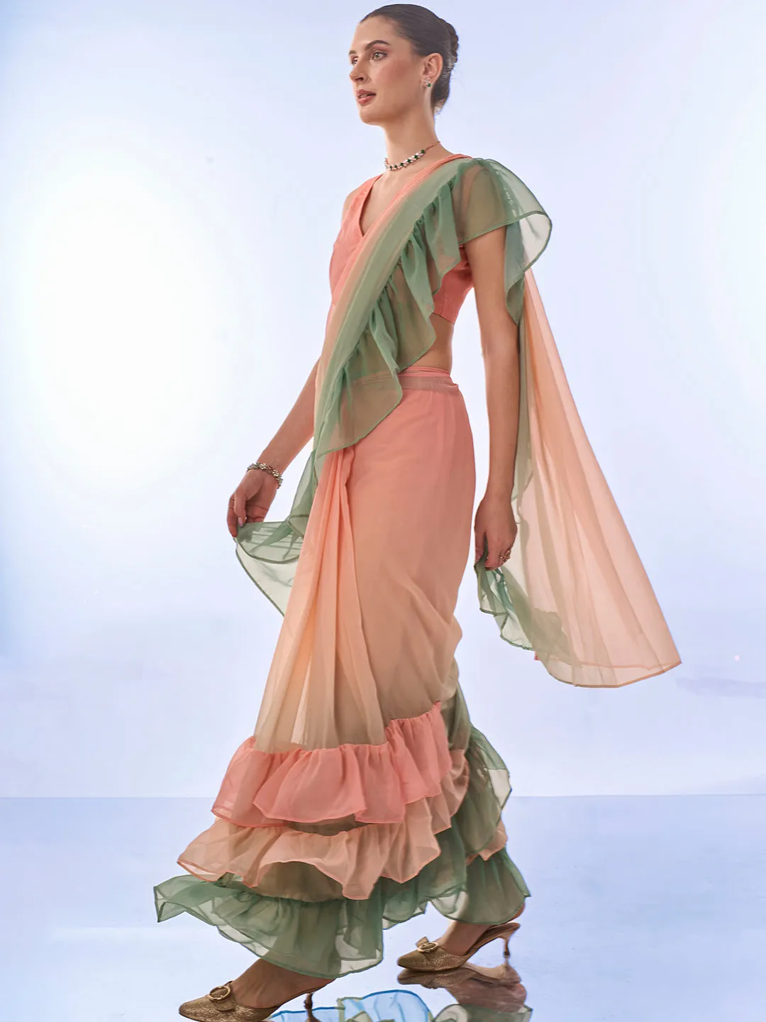 Women Party Wear Printed Ruffles Ready To Wear Georgette Saree With Un Stitched Blouse(Size Up To 42)