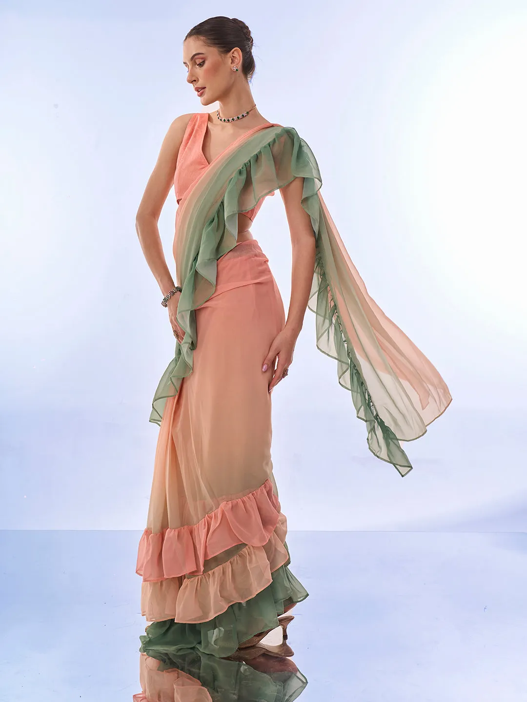 Women Party Wear Printed Ruffles Ready To Wear Georgette Saree With Un Stitched Blouse(Size Up To 42)