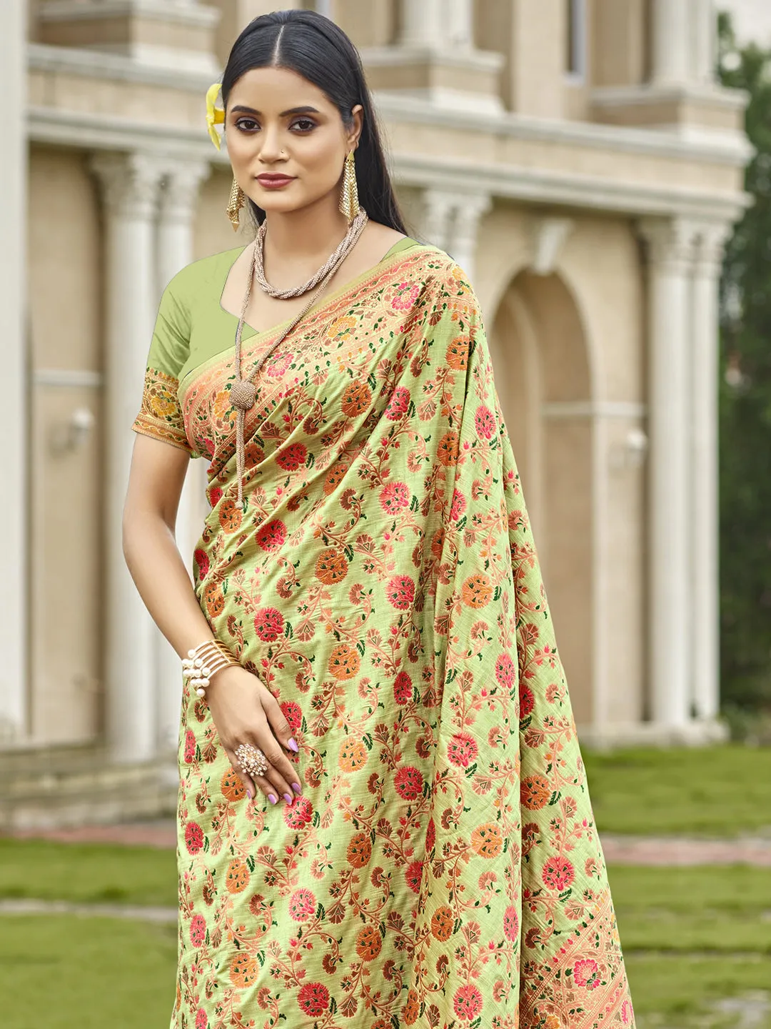 Women Pista Green Silk Saree With Un Stitched Blouse