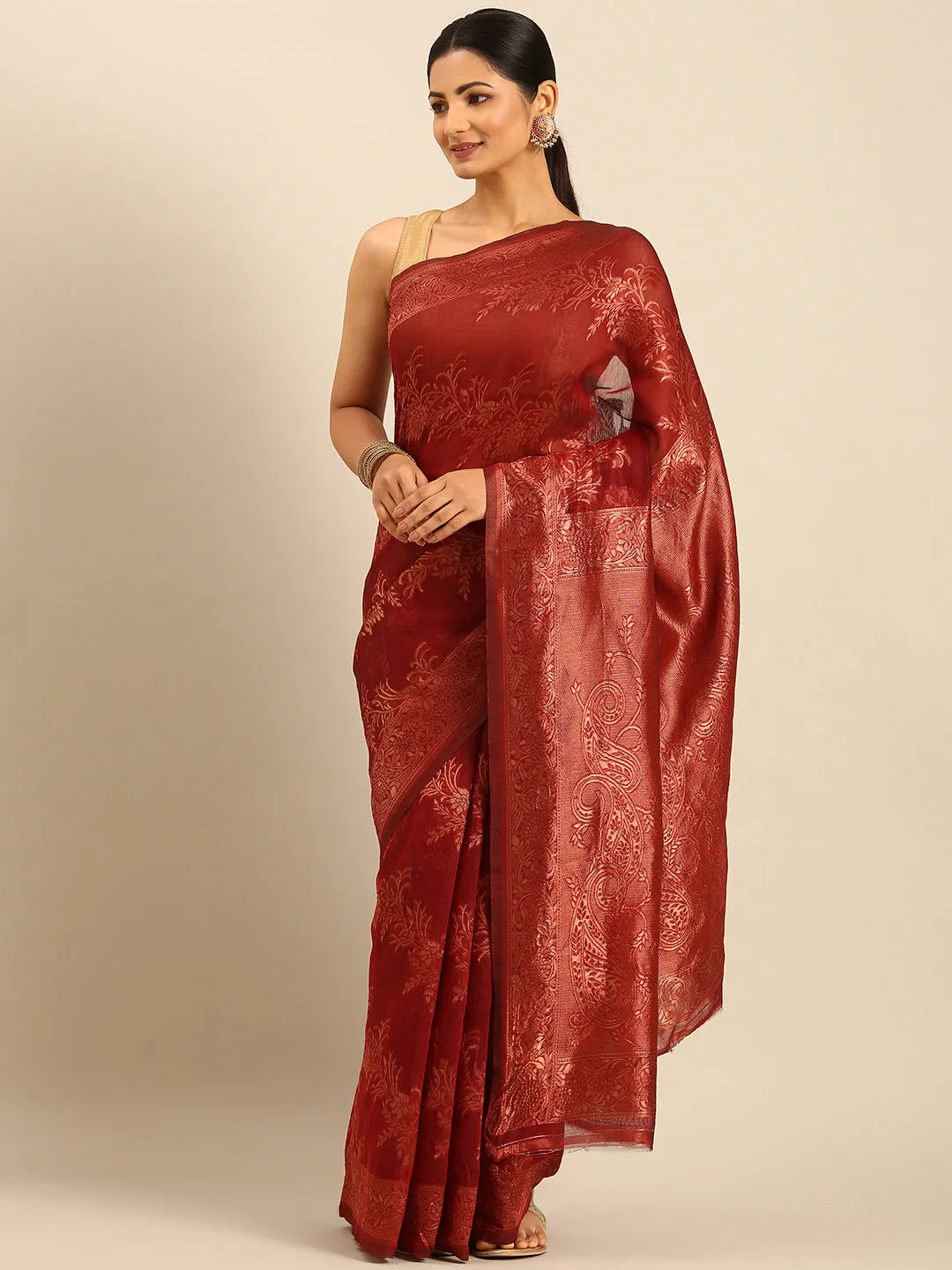 Women Red Cotton Saree With Un Stitched Blouse