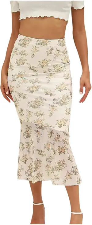 Women Summer Floral Skirt 2024 Elegant High Waist Cocktail Party Wedding Irregular Ruffle Hem Tiered Mermaid Maxi Skirts