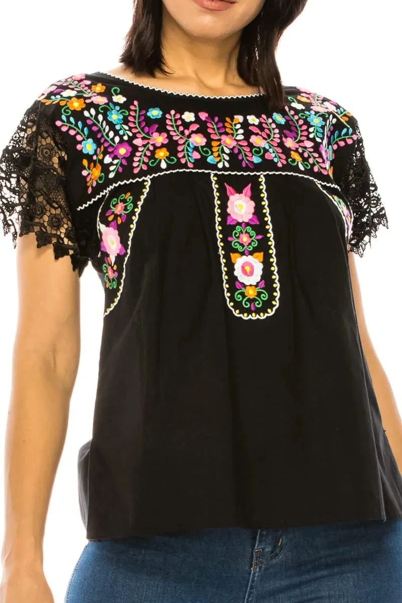 Women Traditional Puebla Mexican Embroidered Blouse