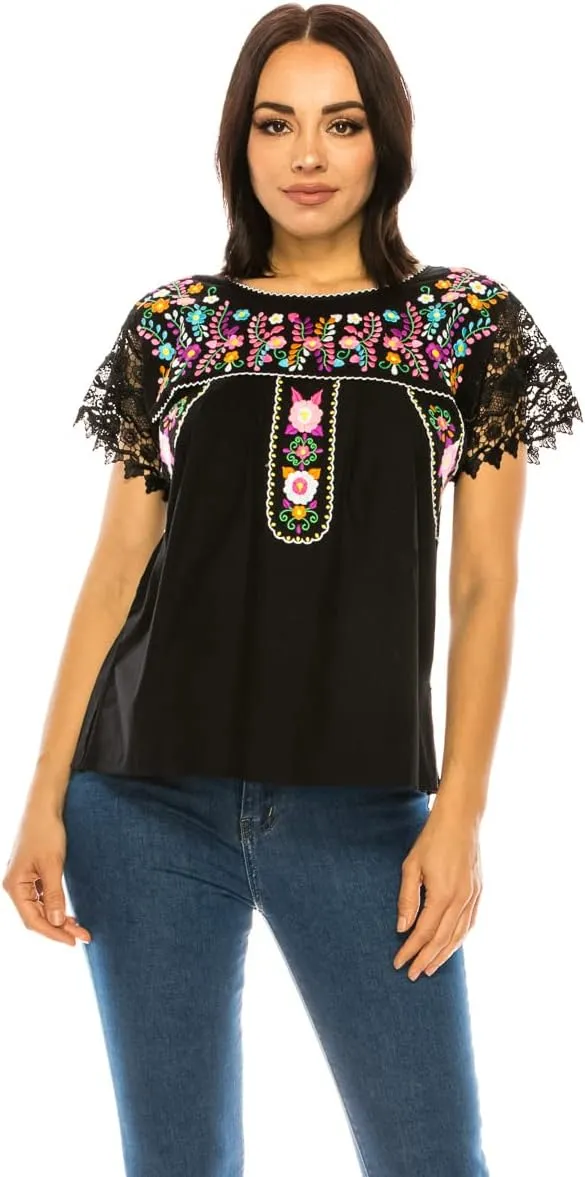 Women Traditional Puebla Mexican Embroidered Blouse