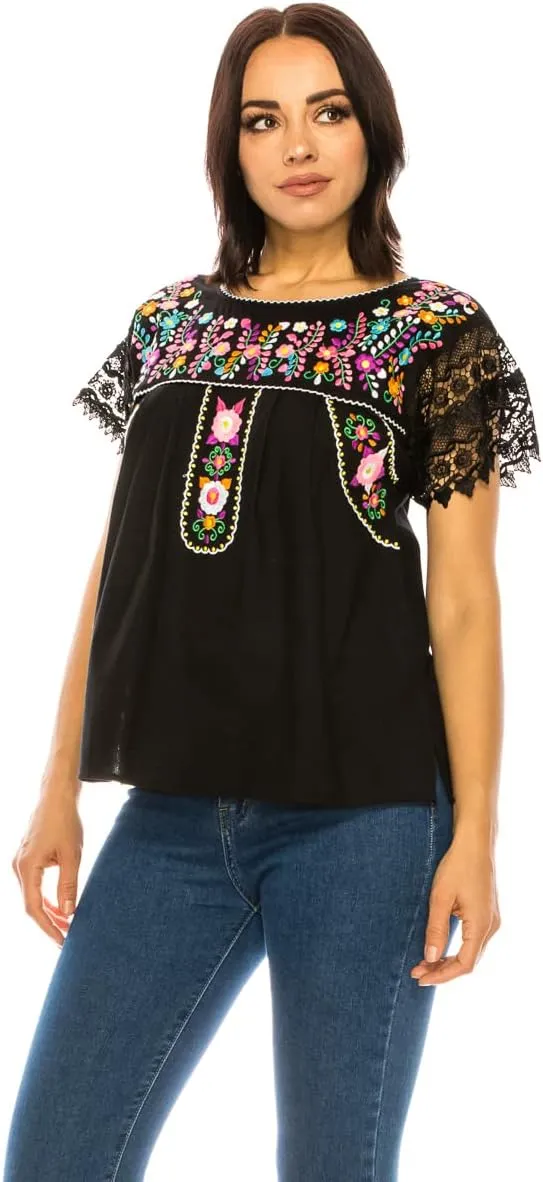 Women Traditional Puebla Mexican Embroidered Blouse