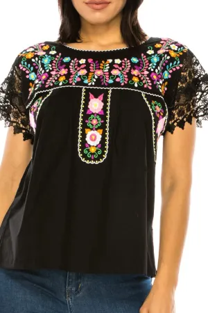 Women Traditional Puebla Mexican Embroidered Blouse