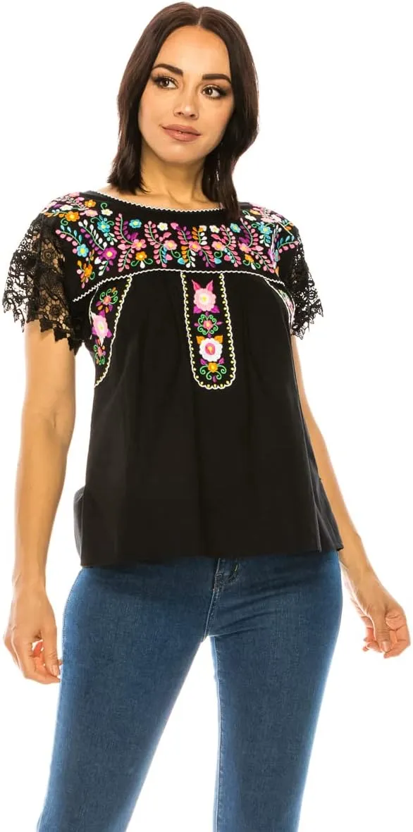 Women Traditional Puebla Mexican Embroidered Blouse
