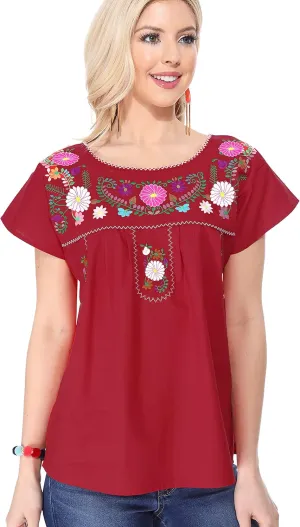 Women Traditional Puebla Mexican Embroidered Blouse