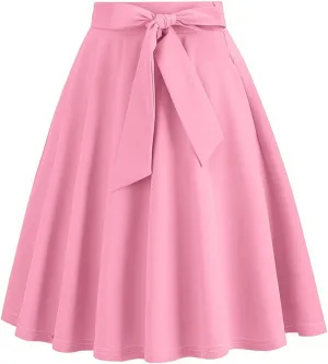 Women's A-Line Swing Vinage Skirts Bow Tie Front High Waist Skater Flared Midi Skirt Evening Gown Prom Skirt