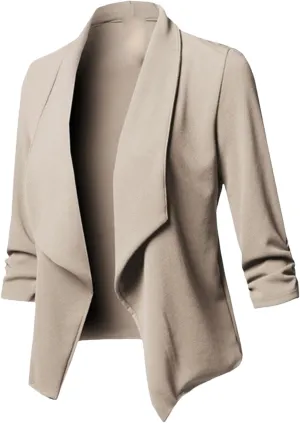 Womens Casual Blazers Stretch 3/4 Gathered Sleeve Blazer Jacket Open Front Cardigan Jacket Work Office Blazer