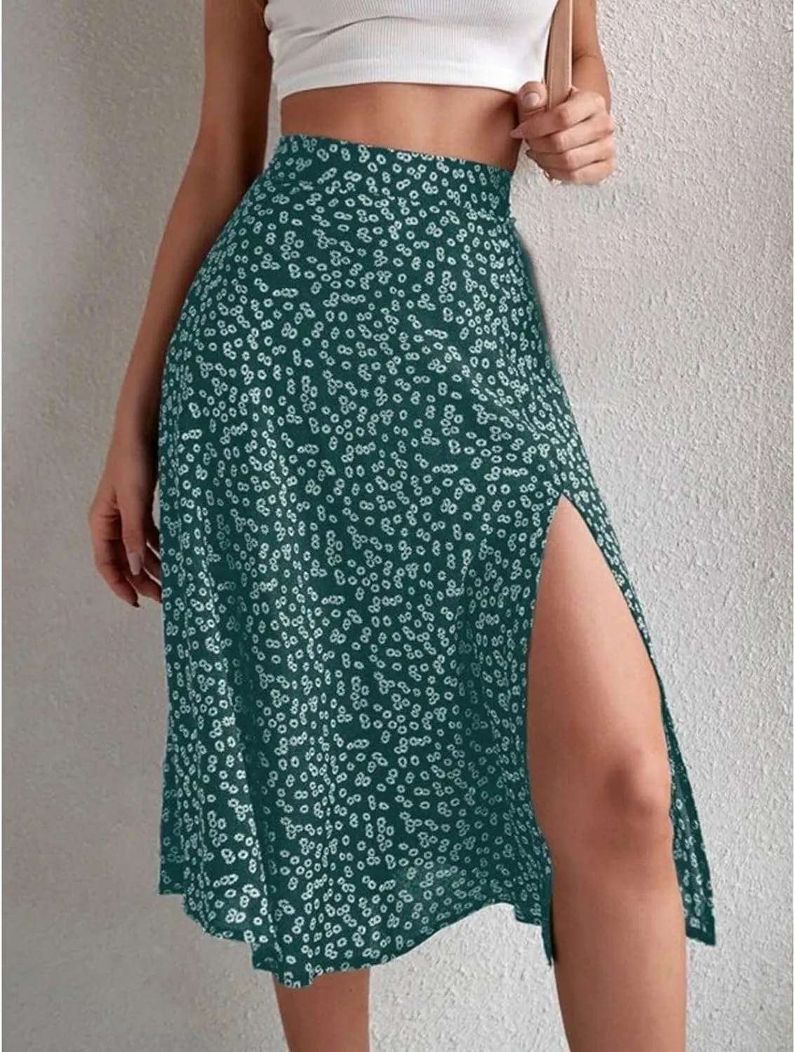 Womens Casual Midi Skirts Boho Floral Print Slit High Waisted A-Line Skirt Summer Sexy Split Beach Skirt