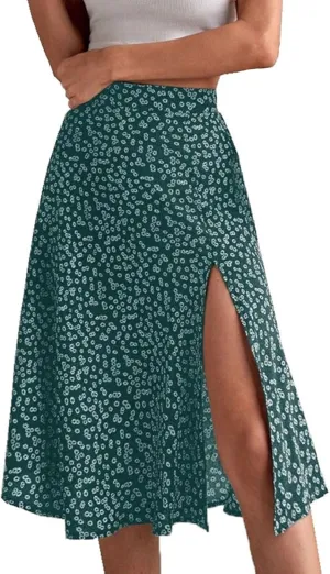 Womens Casual Midi Skirts Boho Floral Print Slit High Waisted A-Line Skirt Summer Sexy Split Beach Skirt