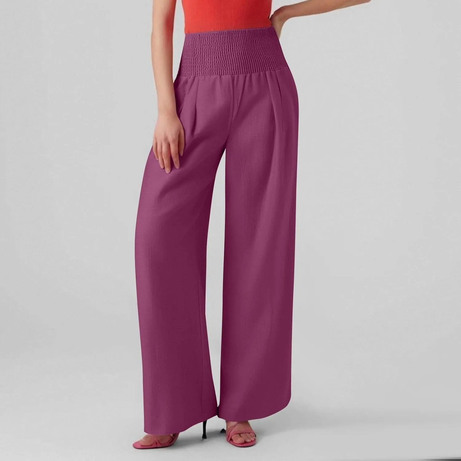 Women's Casual Straight Leg Solid Color High Waist Pocket Dressy Loose Fit Fashion Pants