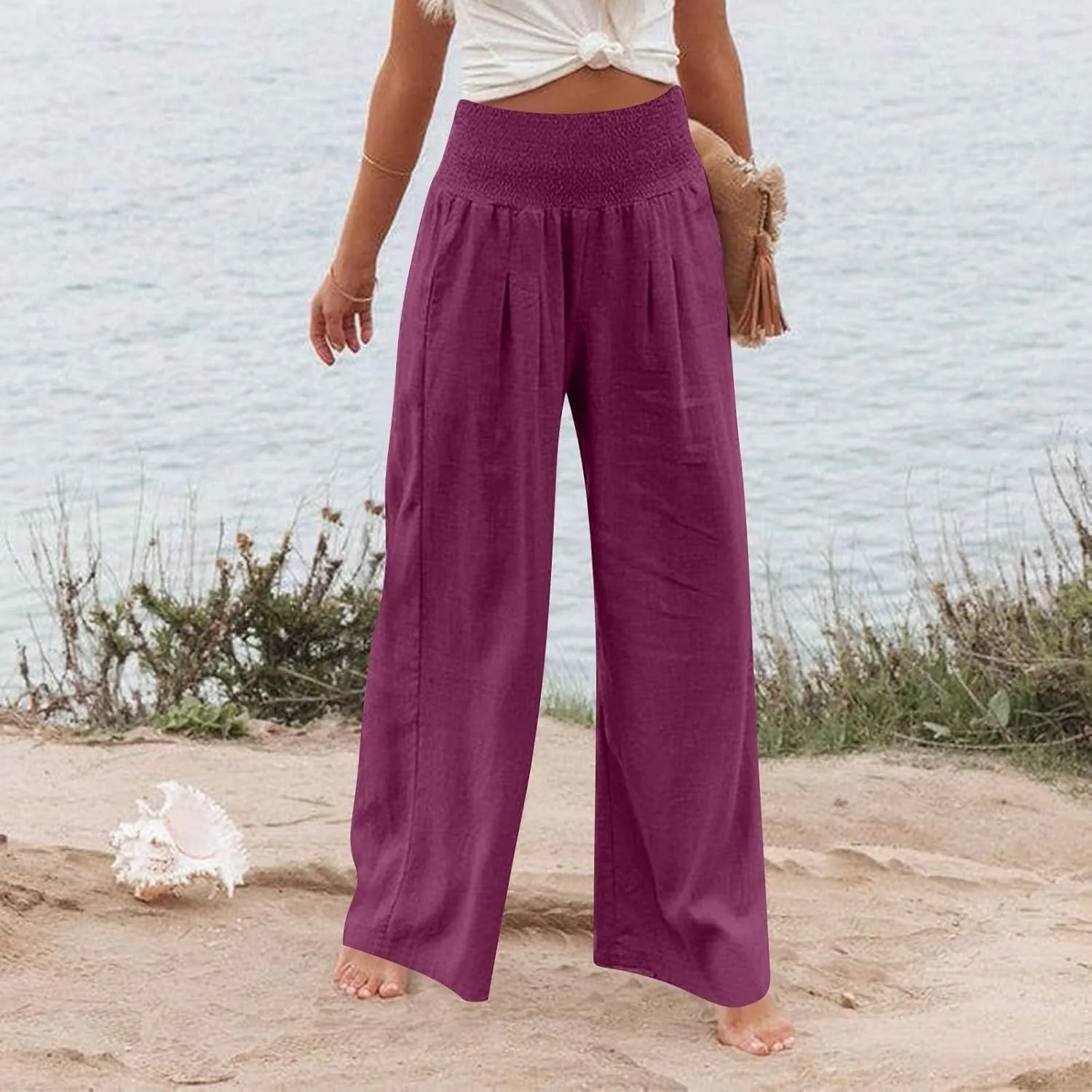 Women's Casual Straight Leg Solid Color High Waist Pocket Dressy Loose Fit Fashion Pants