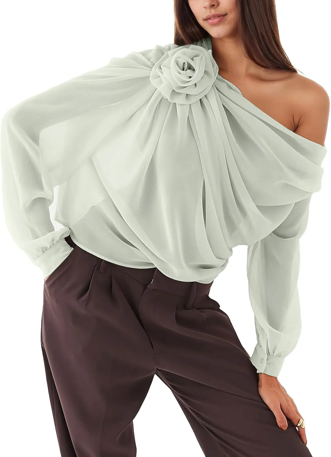 Women's Chiffon Tops 3D Floral Open Shoulder Asymmetrical Thin See Through Pleated Elegant Club Blouse Shirts