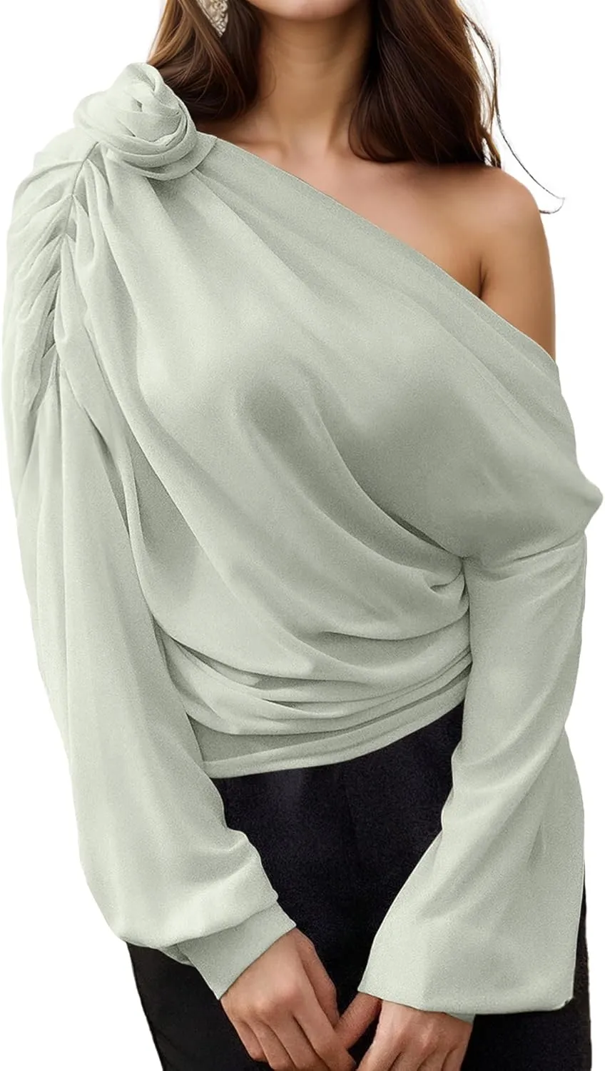 Women's Chiffon Tops 3D Floral Open Shoulder Asymmetrical Thin See Through Pleated Elegant Club Blouse Shirts
