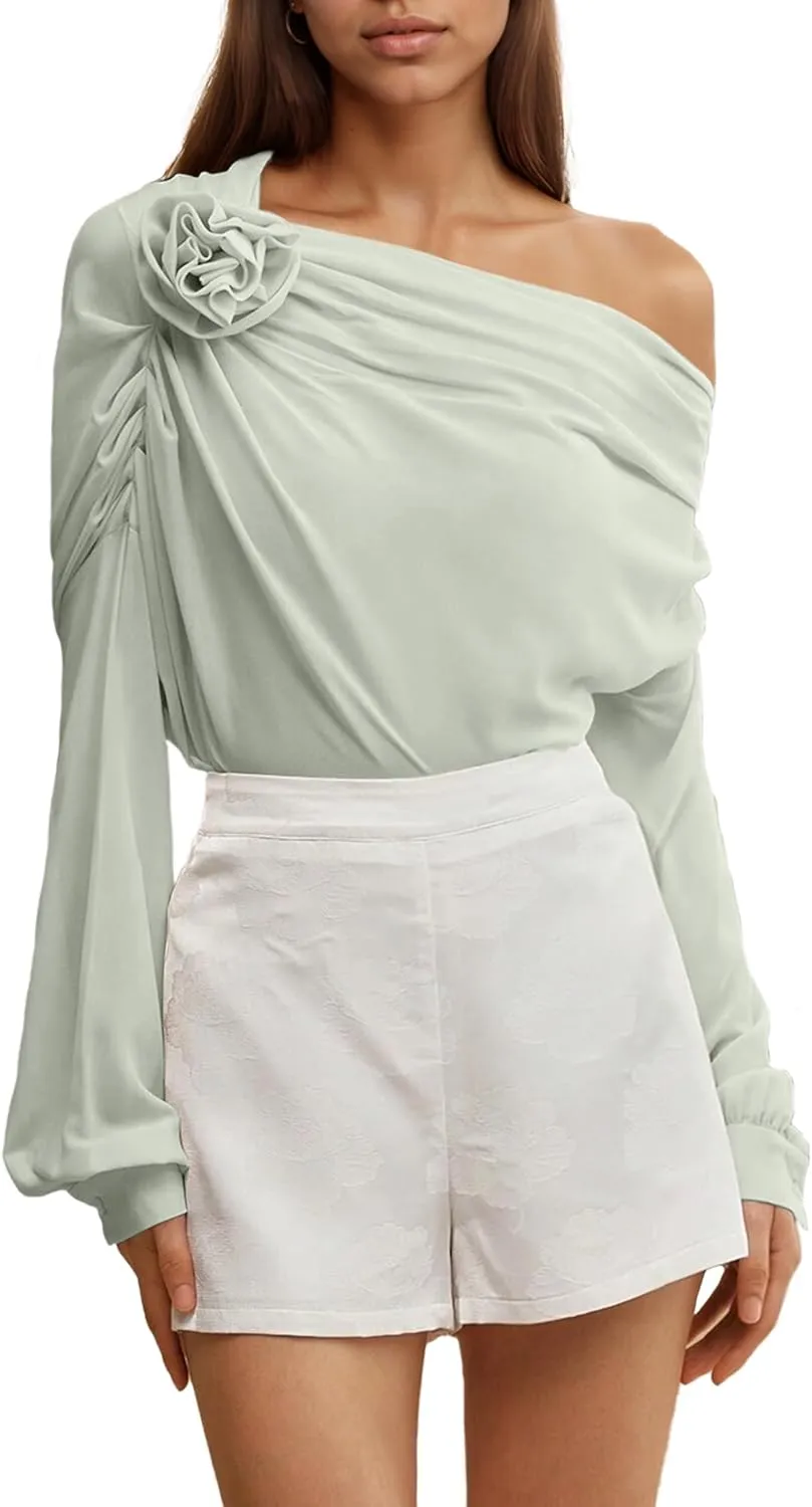 Women's Chiffon Tops 3D Floral Open Shoulder Asymmetrical Thin See Through Pleated Elegant Club Blouse Shirts