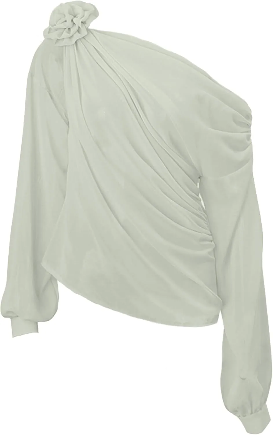 Women's Chiffon Tops 3D Floral Open Shoulder Asymmetrical Thin See Through Pleated Elegant Club Blouse Shirts