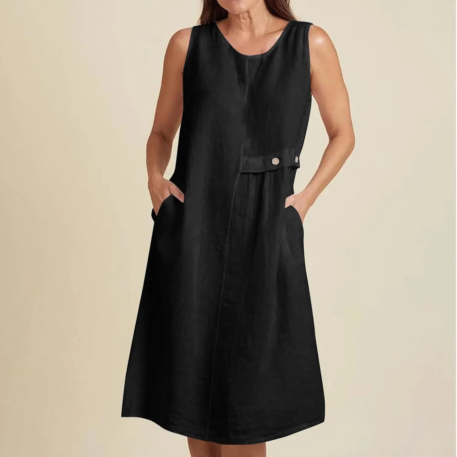 Women's Cotton Linen Sleeveless A-Line Tank Dress with Pockets Loose Crew Neck Casual Lightweight Midi Beach Sundress