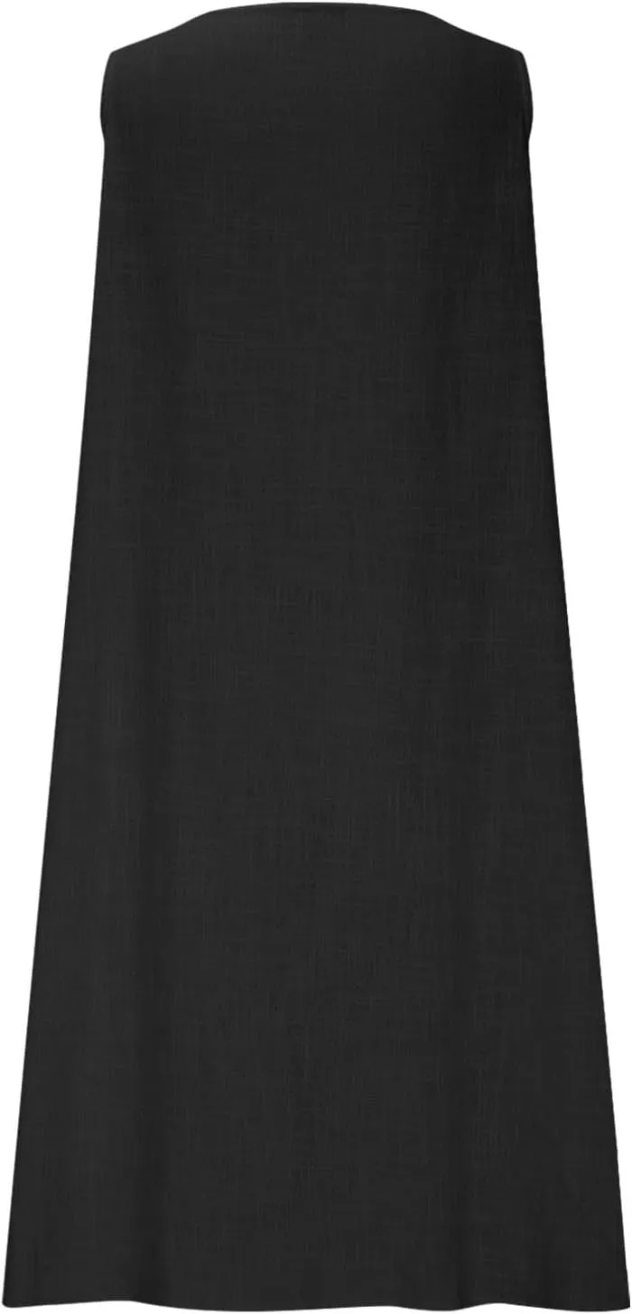 Women's Cotton Linen Sleeveless A-Line Tank Dress with Pockets Loose Crew Neck Casual Lightweight Midi Beach Sundress