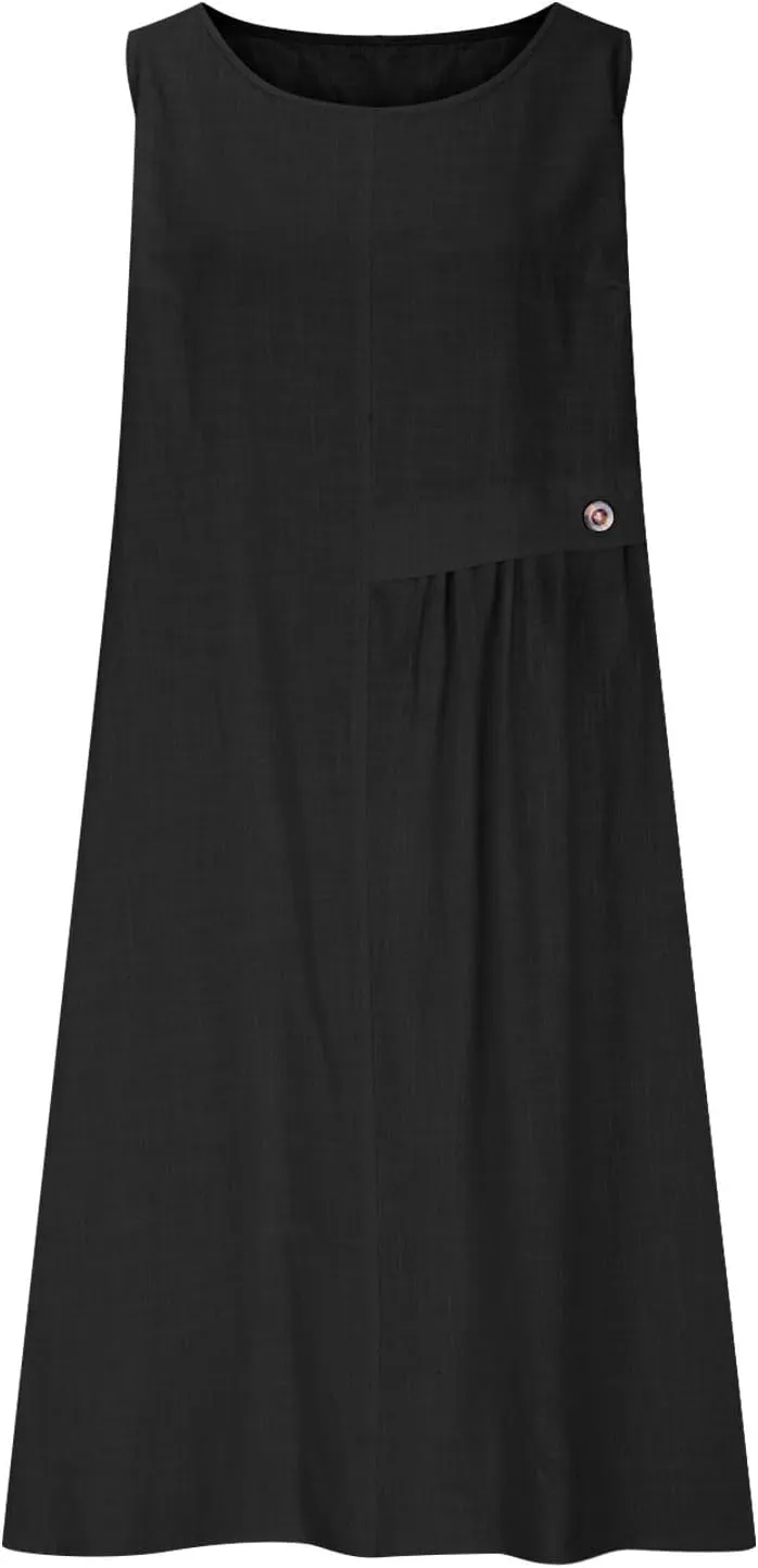 Women's Cotton Linen Sleeveless A-Line Tank Dress with Pockets Loose Crew Neck Casual Lightweight Midi Beach Sundress