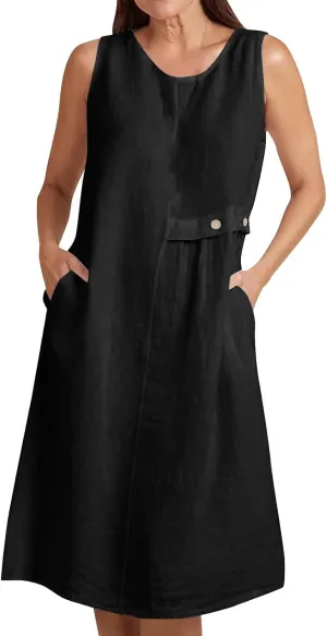 Women's Cotton Linen Sleeveless A-Line Tank Dress with Pockets Loose Crew Neck Casual Lightweight Midi Beach Sundress