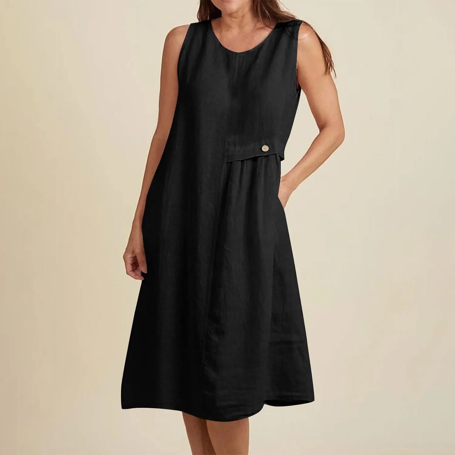 Women's Cotton Linen Sleeveless A-Line Tank Dress with Pockets Loose Crew Neck Casual Lightweight Midi Beach Sundress