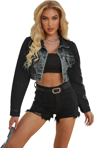Women's Cropped Jean Jacket Button Up Casual Ripped Frayed Washed Denim Jacket