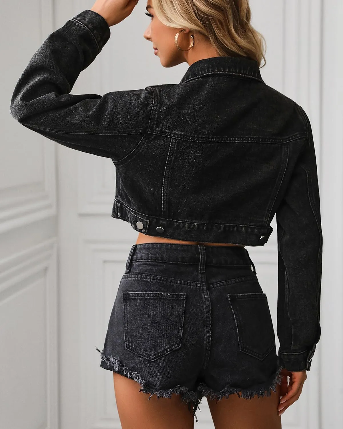 Women's Cropped Jean Jacket Button Up Casual Ripped Frayed Washed Denim Jacket