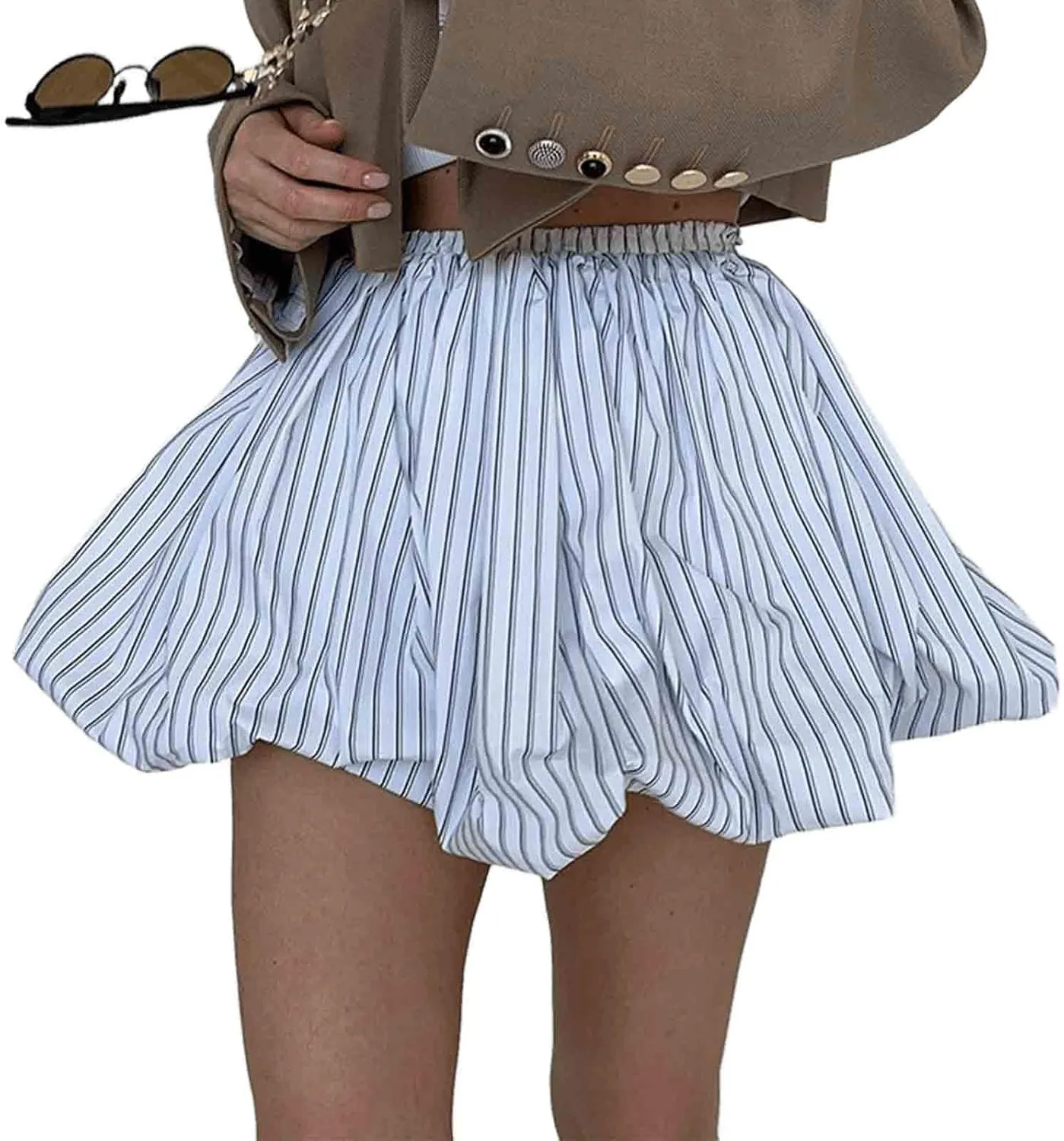 Women's French Balloon Skirt Striped Pleated Short Skirt Mini Fluffy high Waisted Skirt