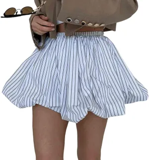 Women's French Balloon Skirt Striped Pleated Short Skirt Mini Fluffy high Waisted Skirt