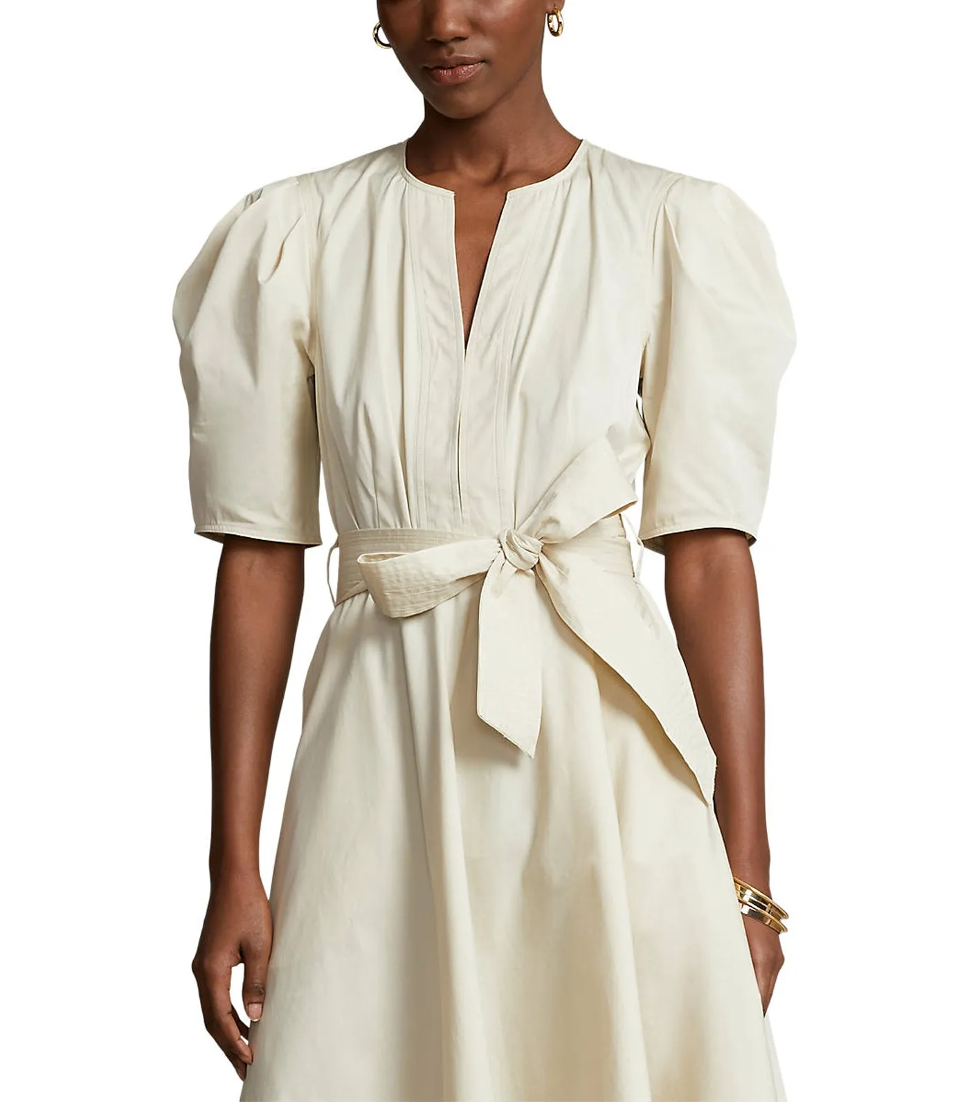 Women's Handkerchief Cotton Puffed-Sleeve Dress Basic Sand