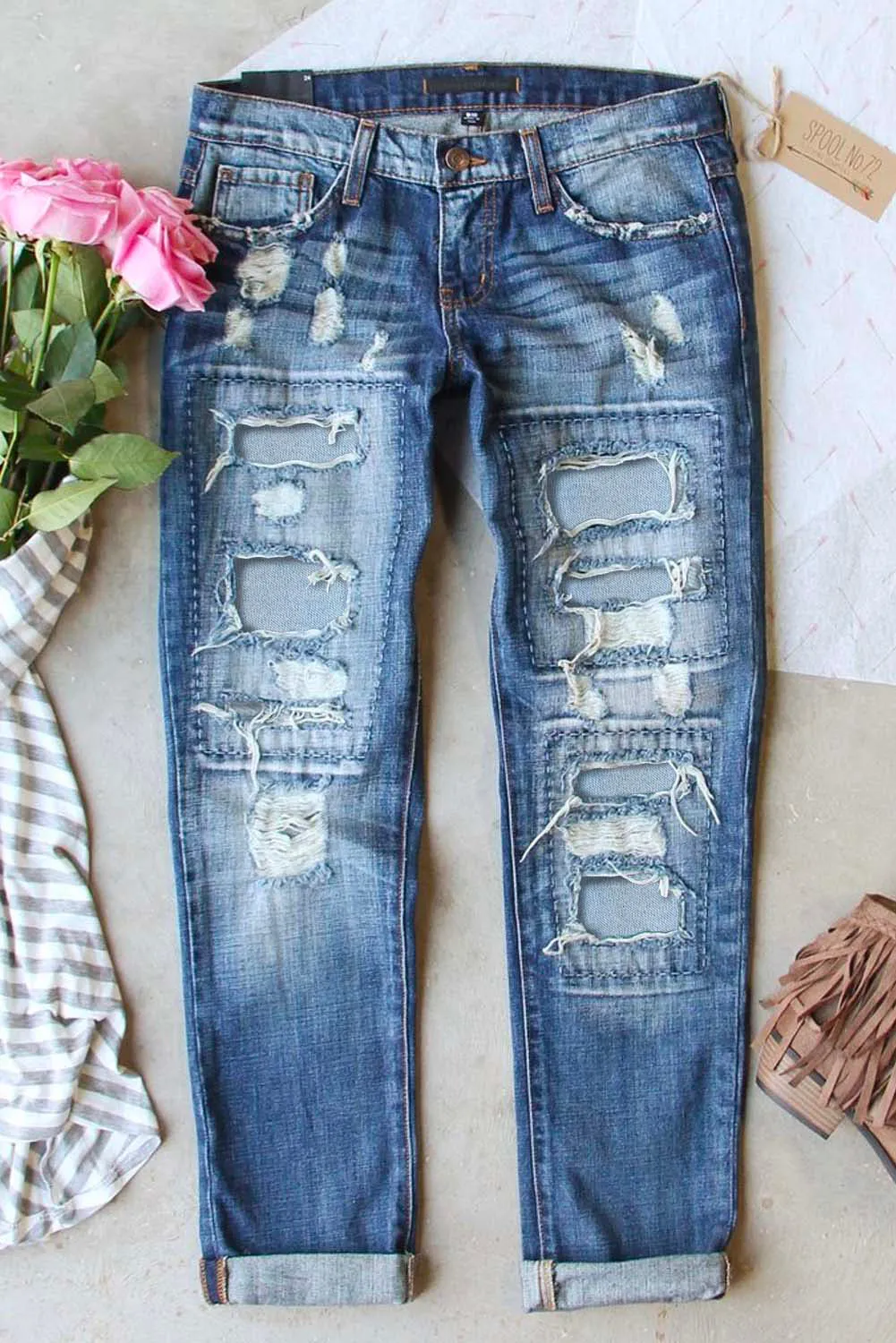 Womens Ripped Boyfriend Jeans Distressed Buttoned Pockets Jeans