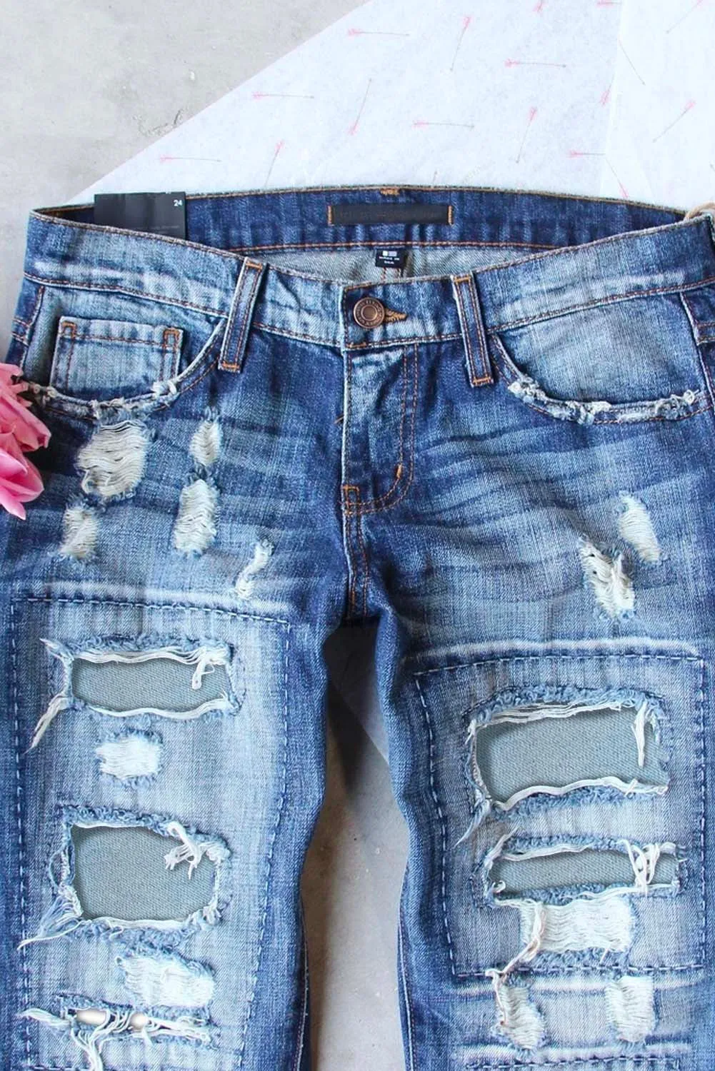 Womens Ripped Boyfriend Jeans Distressed Buttoned Pockets Jeans