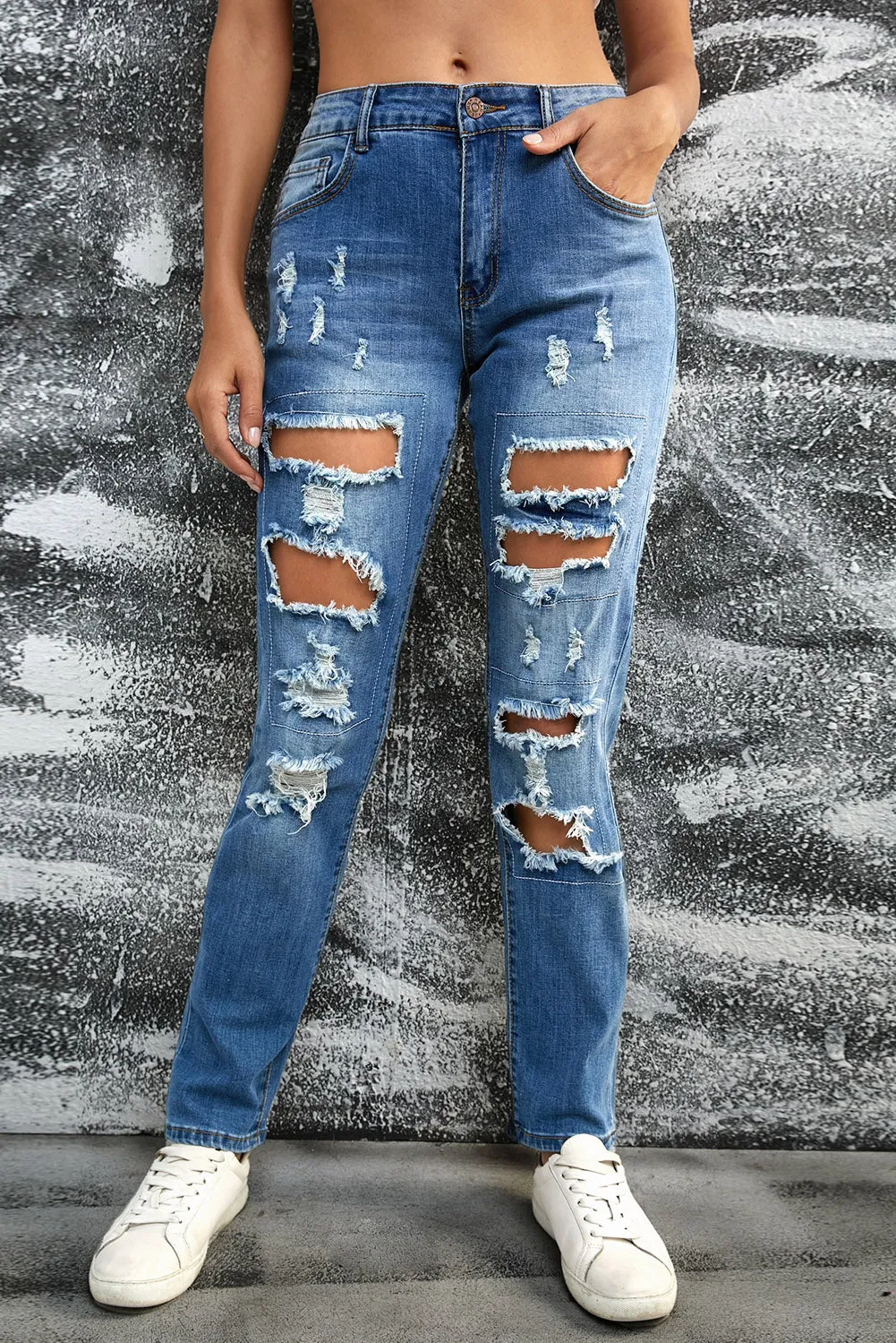 Womens Ripped Boyfriend Jeans Distressed Buttoned Pockets Jeans