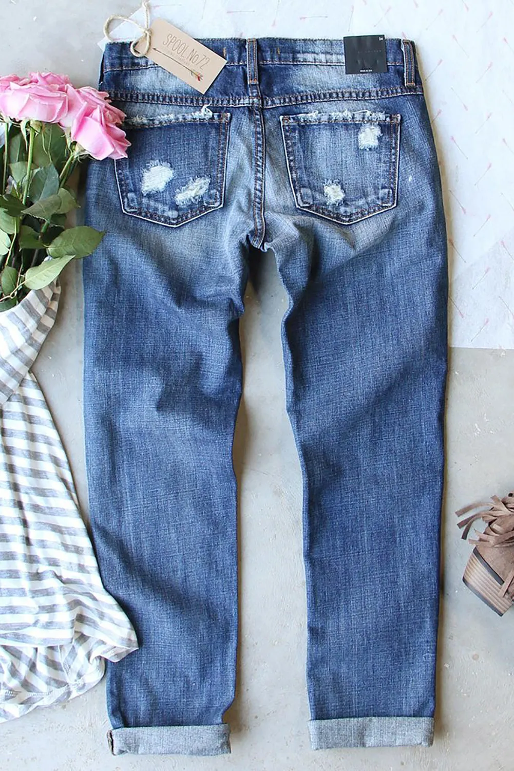 Womens Ripped Boyfriend Jeans Distressed Buttoned Pockets Jeans