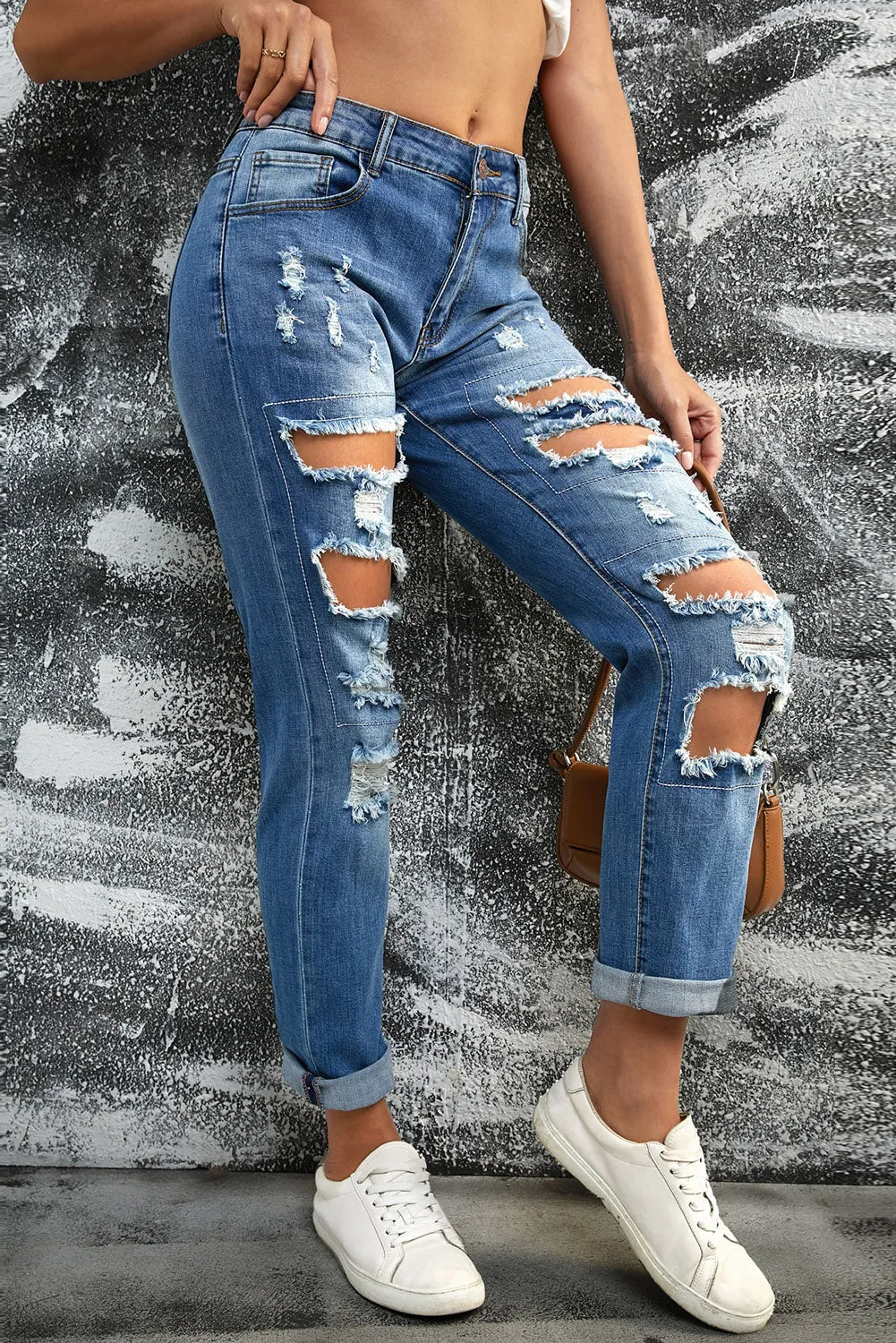 Womens Ripped Boyfriend Jeans Distressed Buttoned Pockets Jeans
