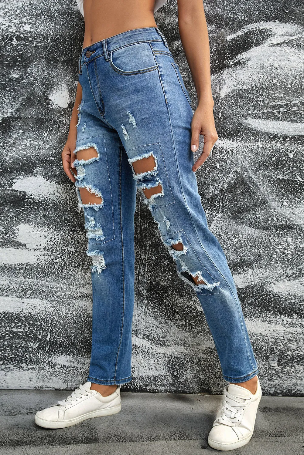 Womens Ripped Boyfriend Jeans Distressed Buttoned Pockets Jeans