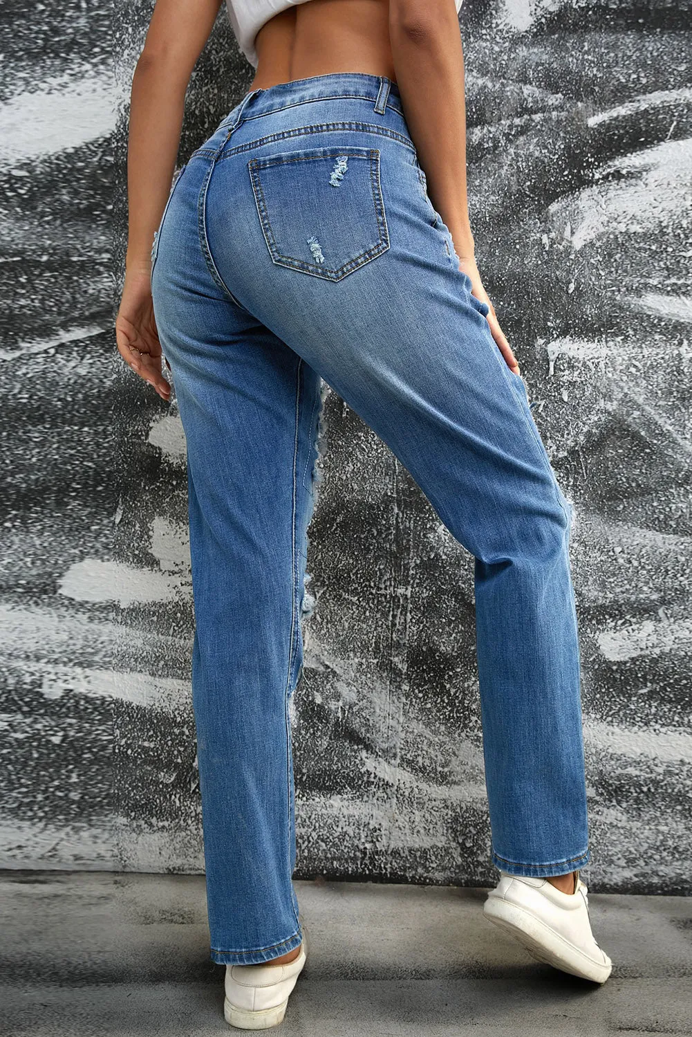 Womens Ripped Boyfriend Jeans Distressed Buttoned Pockets Jeans