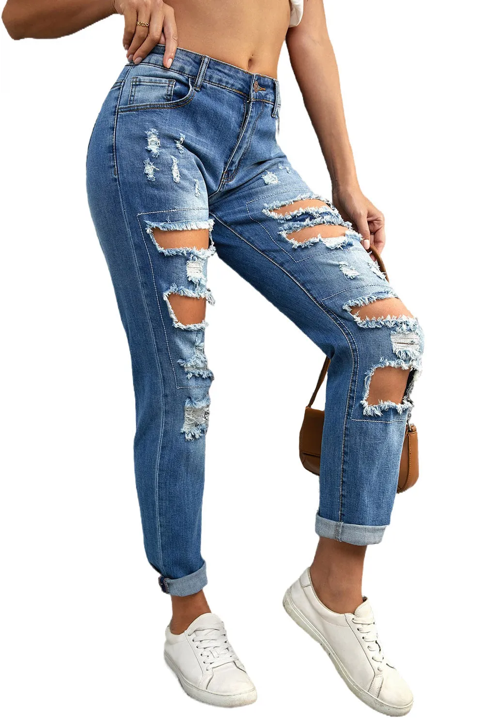Womens Ripped Boyfriend Jeans Distressed Buttoned Pockets Jeans