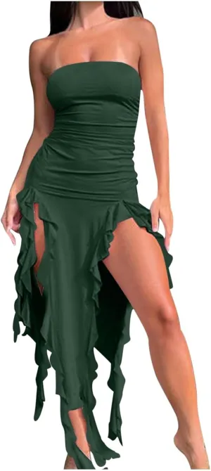 Women's Ruffle High Split Tube Bodycon Dress Ruched Sleeveless Strapless Sexy Dresses Party Club Prom Evening Dress