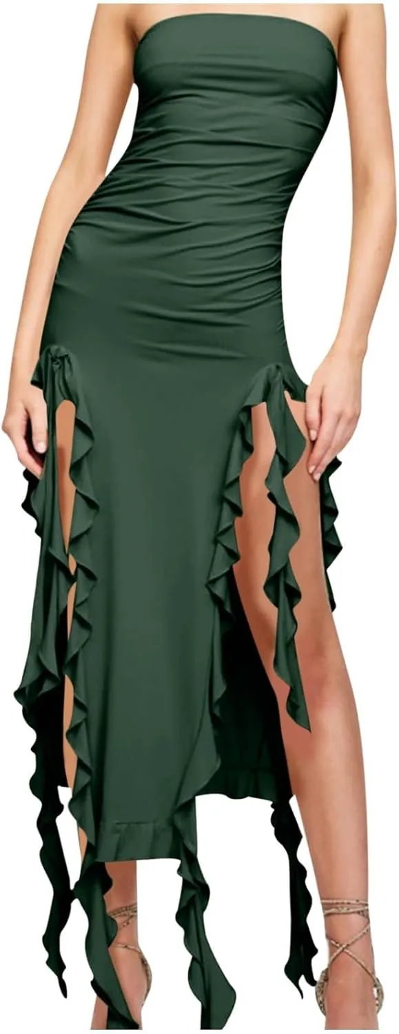 Women's Ruffle High Split Tube Bodycon Dress Ruched Sleeveless Strapless Sexy Dresses Party Club Prom Evening Dress