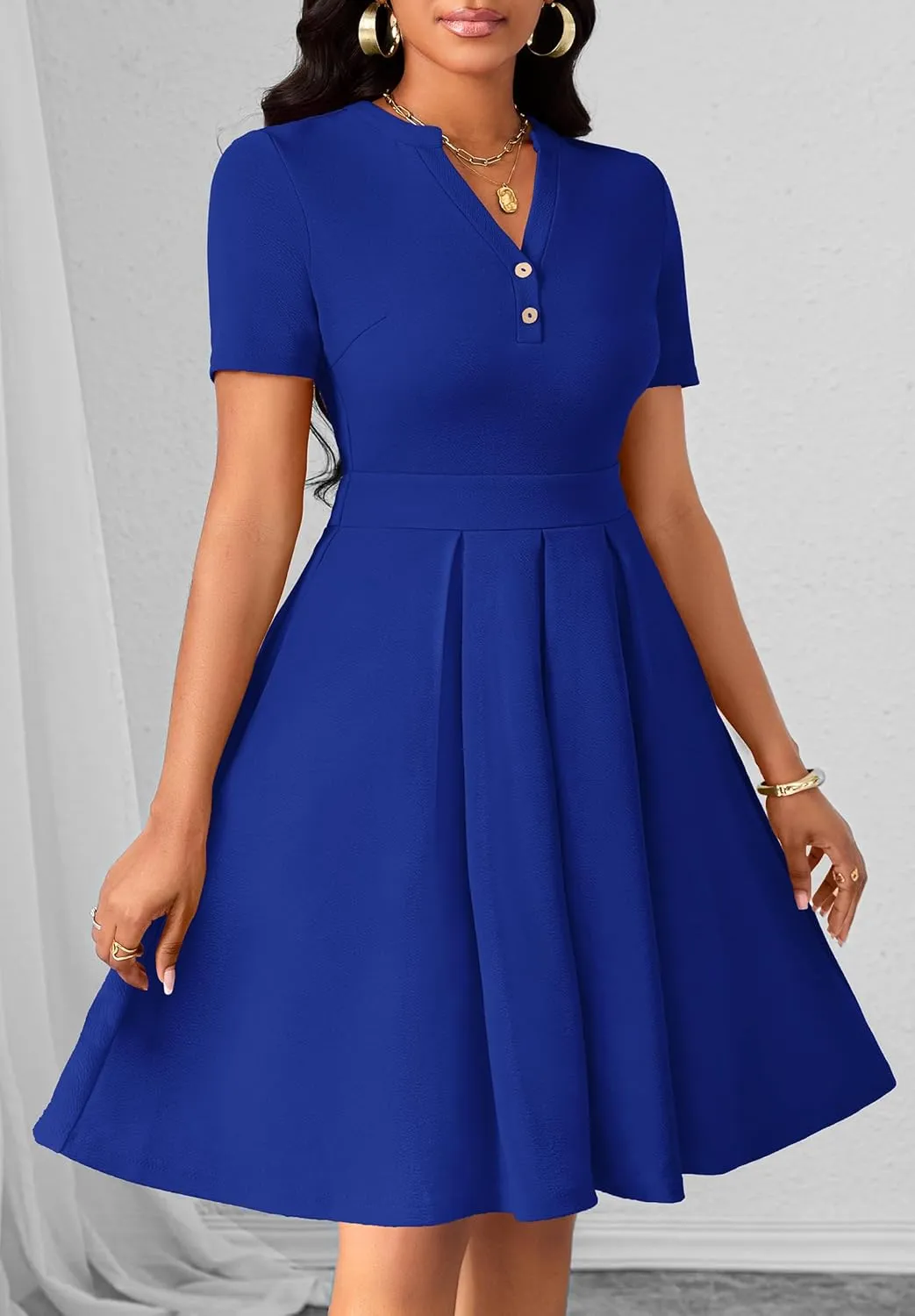 Womens Short Sleeve V Neck Casual Semi-Formal Dress Wedding Guest Cocktail Dresses with Pockets