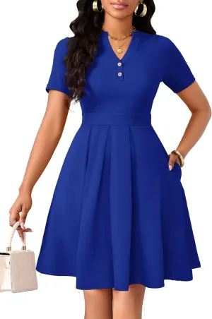 Womens Short Sleeve V Neck Casual Semi-Formal Dress Wedding Guest Cocktail Dresses with Pockets