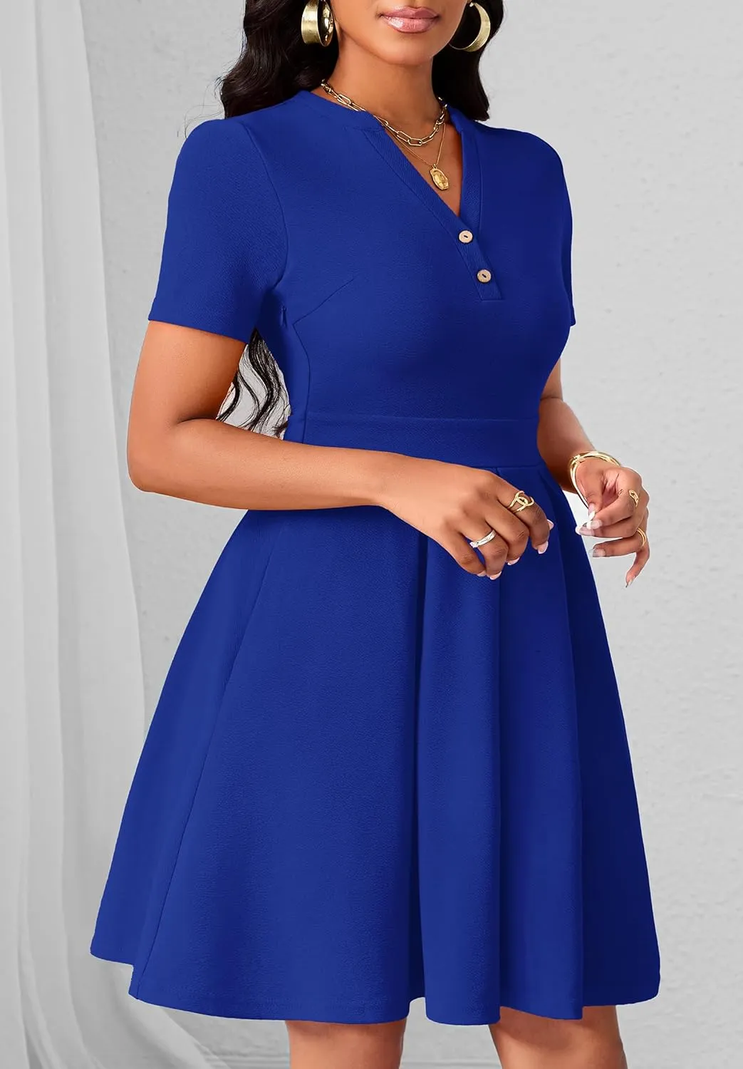 Womens Short Sleeve V Neck Casual Semi-Formal Dress Wedding Guest Cocktail Dresses with Pockets