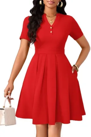 Womens Short Sleeve V Neck Casual Semi-Formal Dress Wedding Guest Cocktail Dresses with Pockets