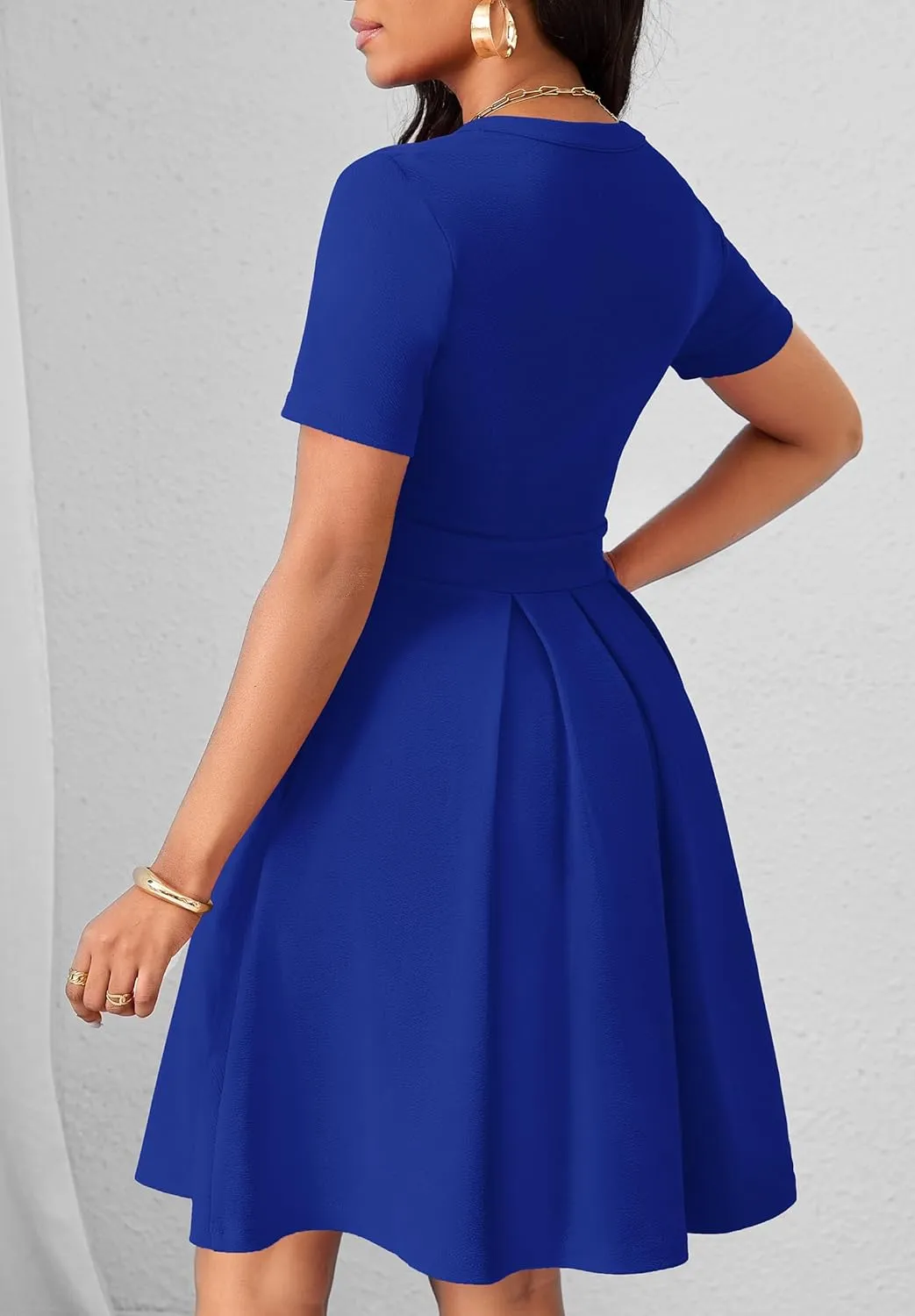 Womens Short Sleeve V Neck Casual Semi-Formal Dress Wedding Guest Cocktail Dresses with Pockets